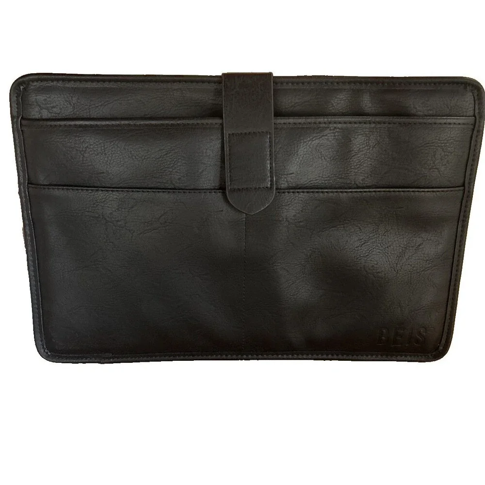 BEIS Black Vegan Leather Laptop Sleeve Padded Slim Case w/Pockets Travel Work